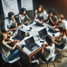 Team von Webentwicklern bei Besprechung einer TYPO3-Implementierung