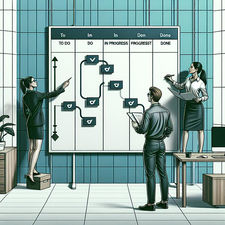 Agile Methoden mit Kanban-Board im Büro, Aufgaben werden in 'To Do', 'In Progress' und 'Done' Spalten visualisiert.